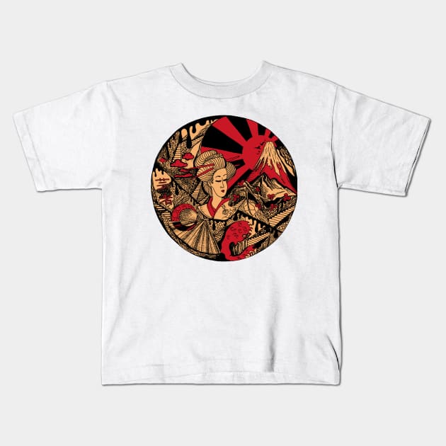 Red and Cream Dreaming of Japan Kids T-Shirt by kenallouis